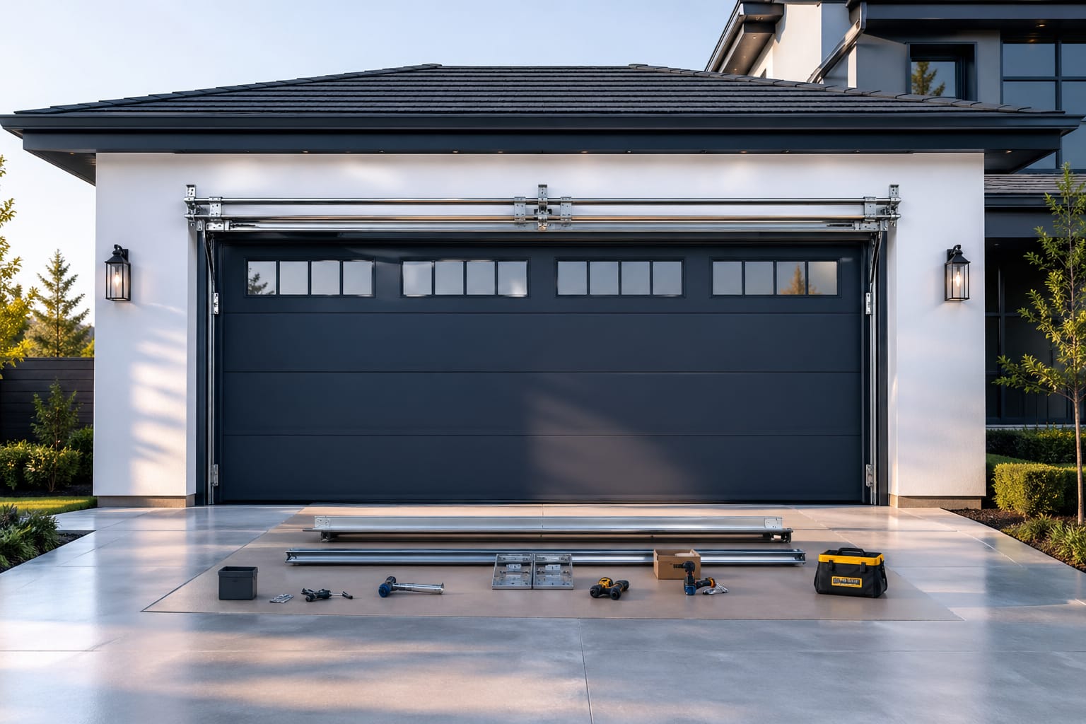 Garage door technician performing opener service